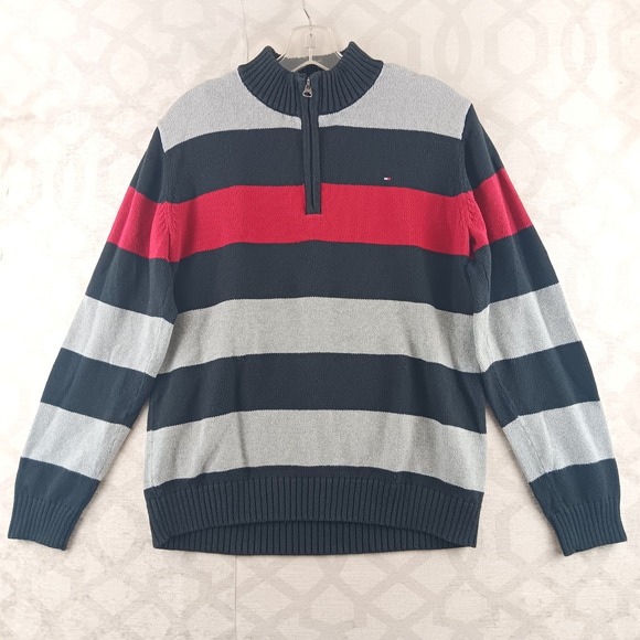Tommy Hilfiger Striped 1/4 Zip Pullover Sweater Gray Black Red Women's L (16-18) - Picture 1 of 9